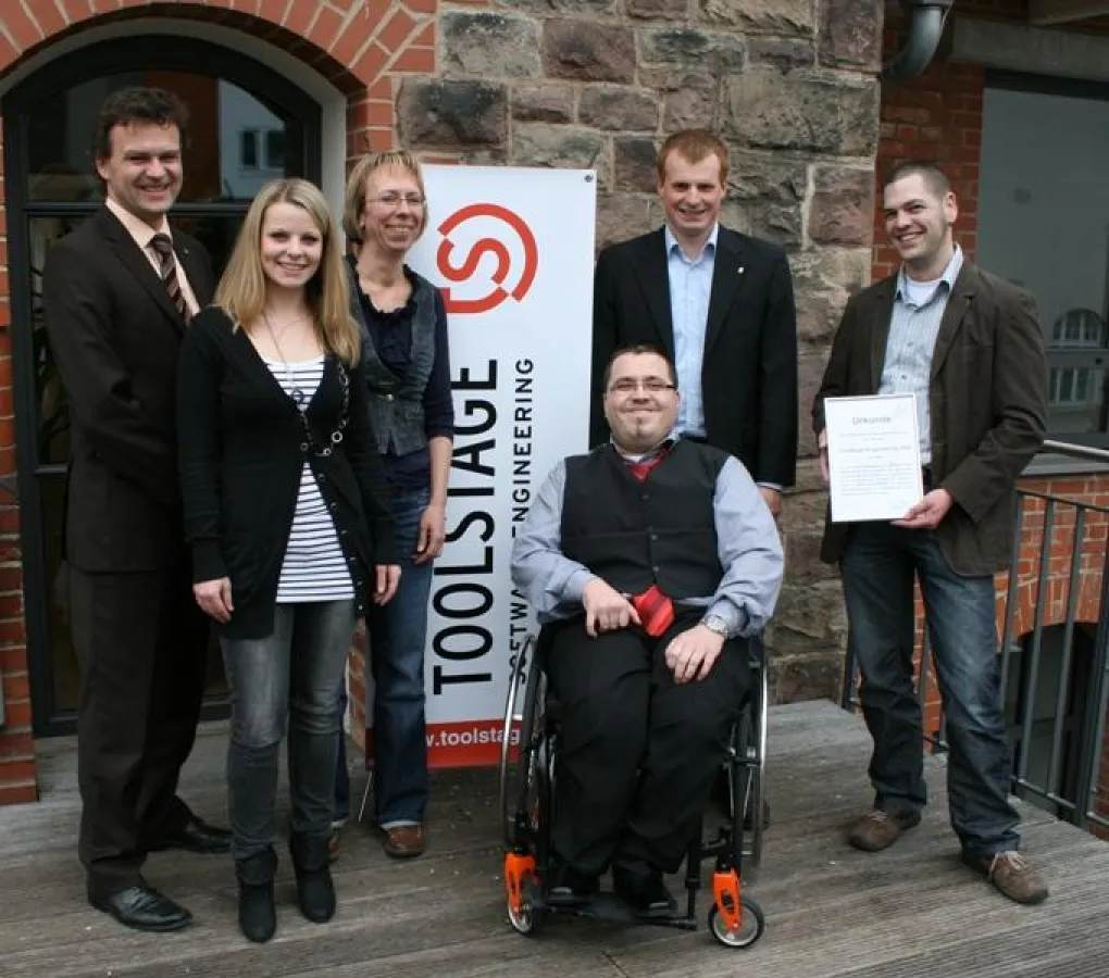 von re nach lk: Niedoba (FAW), Goldbach (FAW-Reha-Fachkraft), Knauber (KVA), Krause, Jöckel (GF Toolstage), Zimmer (GF Toolstage)