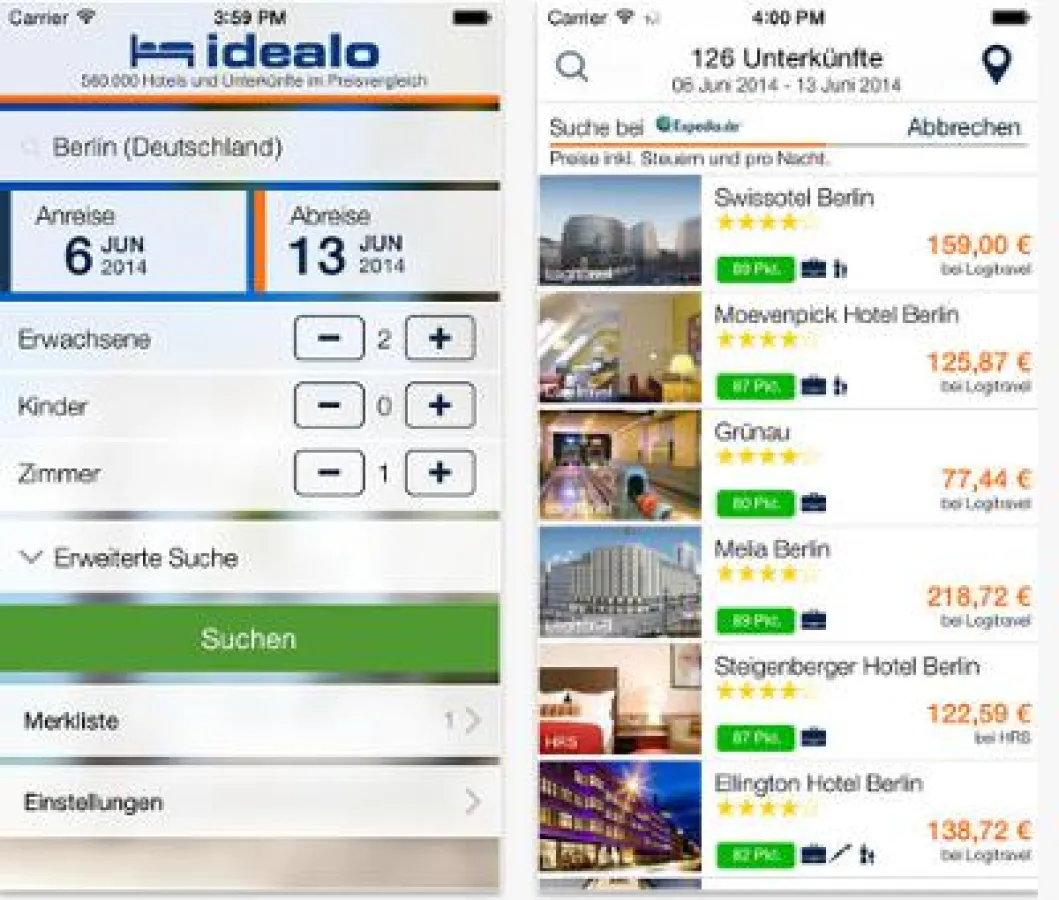 iPhone Screenshot idealo Hotel Booking App