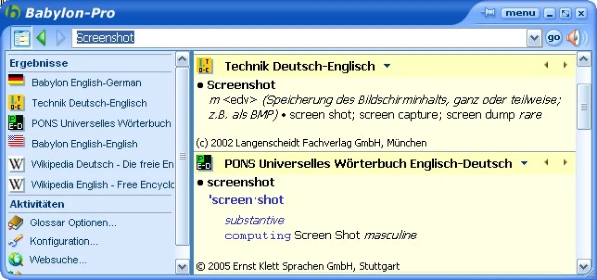 Babylon Popup-Fenster mit Fundstellen aus Wörterbüchern mehrerer Verlage (Quelle: Babylon)