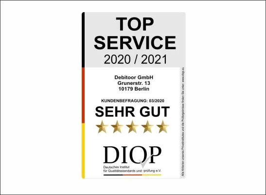 Bild: Debitoor erhält Top Service (DIQP) Siegel mit der Bewertung „sehr gut“