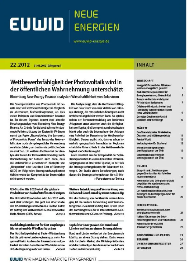 EUWID Neue Energien 22/2012 ist am 31. Mai erschienen und umfasst 87 Nachrichten auf 28 Seiten