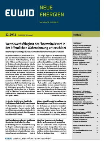 Bild: Wettbewerbsfähigkeit der Photovoltaik wird zumeist unterschätzt – EUWID Neue Energien 22/2012 erschienen
