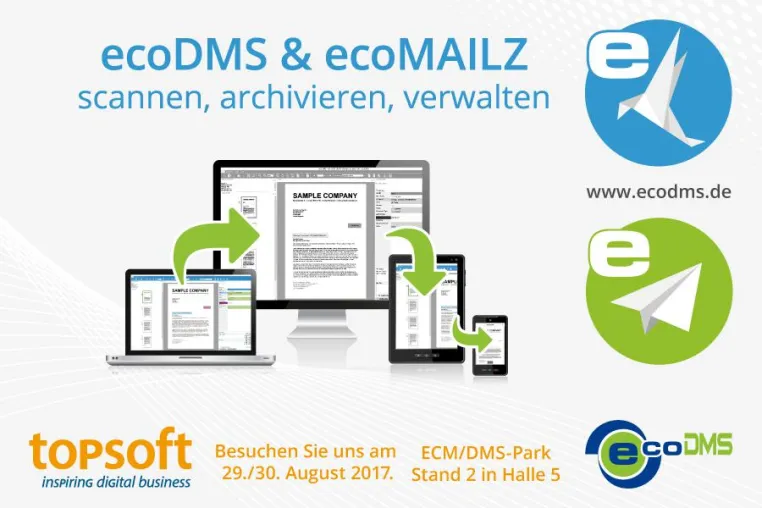 ecoDMS präsentiert Archivsysteme ecoDMS und ecoMAILZ auf der topsoft-Messe 2017 in Zürich Bild: ecoDMS präsentiert Archivsysteme ecoDMS und ecoMAILZ auf der topsoft-Messe 2017 in Zürich