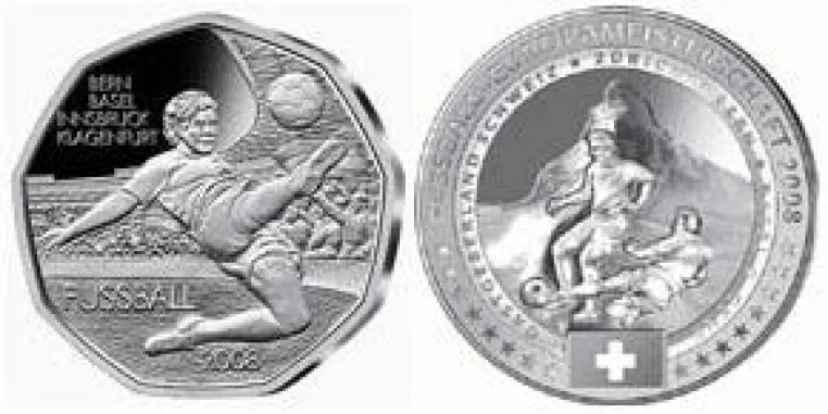 Fußball-EM 2008 - Silber-Gedenkausgaben der Gastgeberländern Österreich und Schweiz Bild: Fußball-EM 2008 - Silber-Gedenkausgaben der Gastgeberländern Österreich und Schweiz