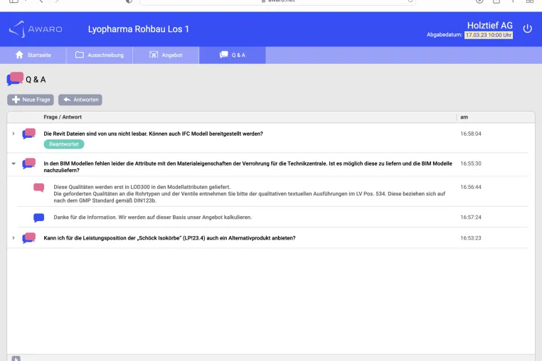 Bieteranfragen schnell und direkt beantworten im Ausschreibungsmodul von AWARO Bild: Bieteranfragen schnell und direkt beantworten im Ausschreibungsmodul von AWARO