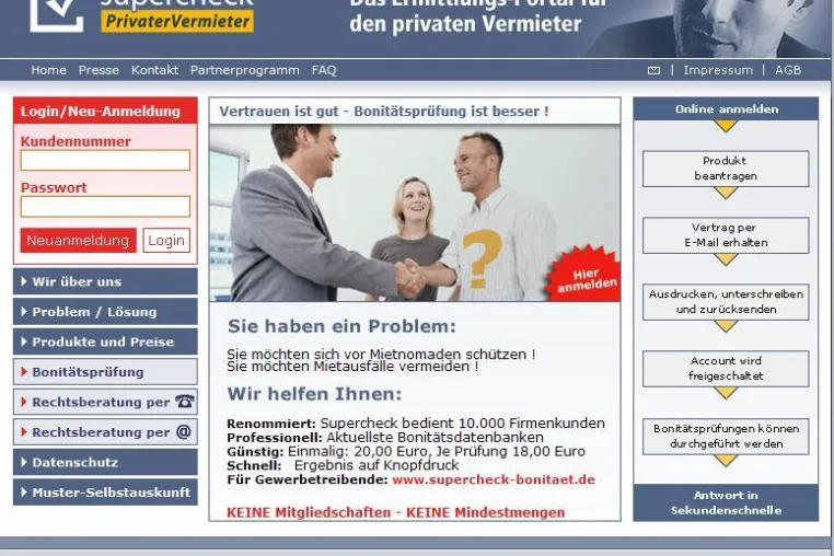 Neu für private Vermieter: Bonitätsprüfungen online und Rechtsberatung Bild: Neu für private Vermieter: Bonitätsprüfungen online und Rechtsberatung