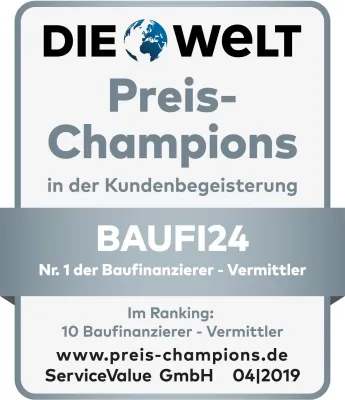 Branchen-Liebling: Baufi24 siegt als Preis-Champion 2019 Bild: Branchen-Liebling: Baufi24 siegt als Preis-Champion 2019
