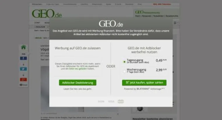 GEO.de testet LaterPay AdVantage mit Erfolg: Eine faire Antwort auf Adblocker Bild: GEO.de testet LaterPay AdVantage mit Erfolg: Eine faire Antwort auf Adblocker