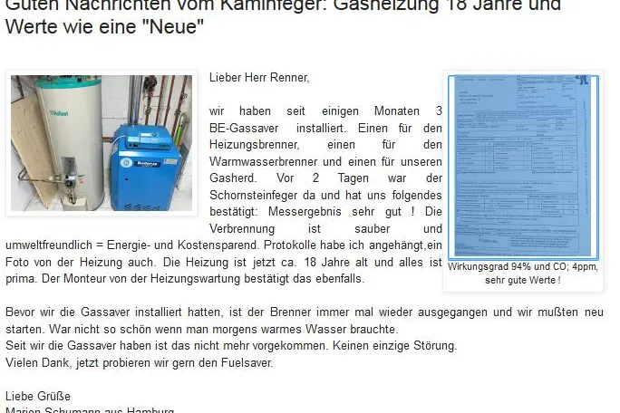 Guten Nachrichten vom Kaminfeger: Gasheizung 18 Jahre alt und Werte wie eine "Neue" Bild: Guten Nachrichten vom Kaminfeger: Gasheizung 18 Jahre alt und Werte wie eine "Neue"