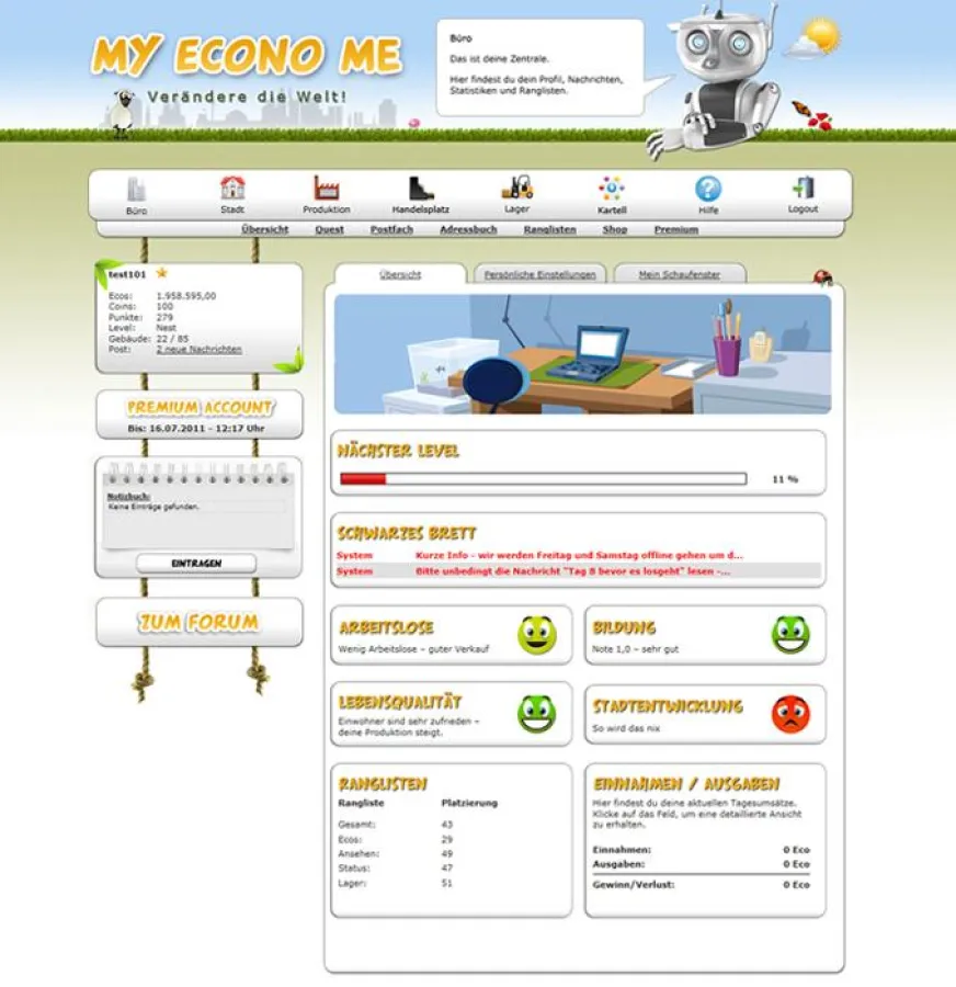 Ansicht Büro des Spielers