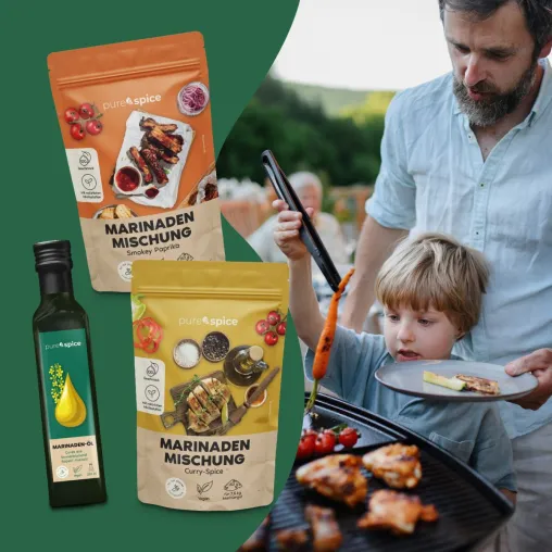 Bild: Jetzt neu bei pure & spice: Marinaden Sets in den Sorten "Curry Spice" & "Smokey Paprika"