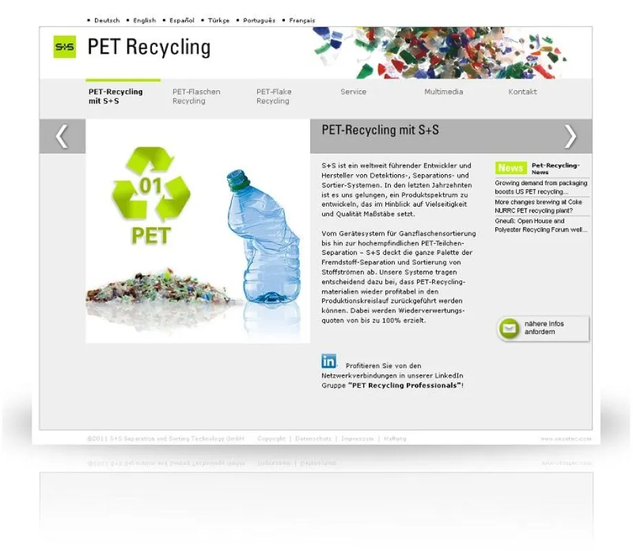 Die S+S Microsite www.pet-recycling.com bietet Informationen über PET-Recycling in sechs Sprachen.