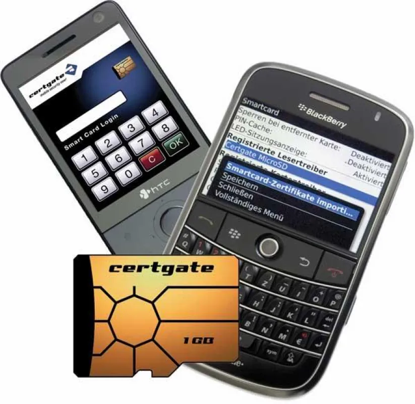 Die certgate Smart Card microSD unterstützt die verschlüsselte Datenspeicherung, ein sicheres Mobil-Banking nach HBCI- und EBICS-Standard und den Aufbau geschützter VPN-Verbindungen auf mobilen Endger
