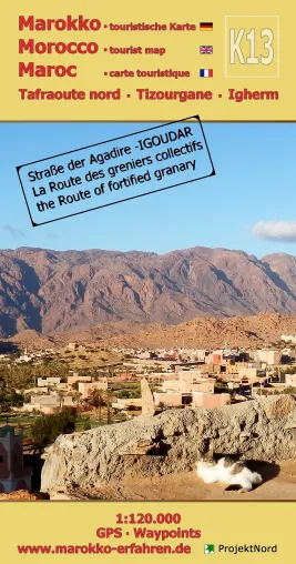 Bild: Marokko touristische Landkarte K13 Tafraoute nord - Tizourgane - Igherm + Straße der Agadire/Igoudar 