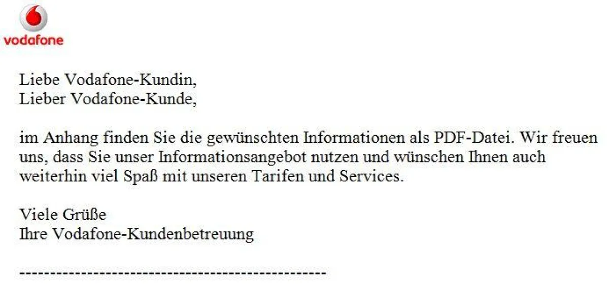Text der Virus E-Mail mit Vodafone Logo