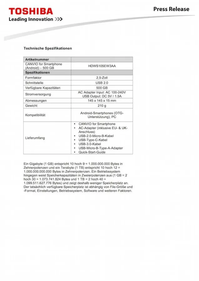 Technische Daten CANVIO for Smartphone (Quelle: Toshiba)