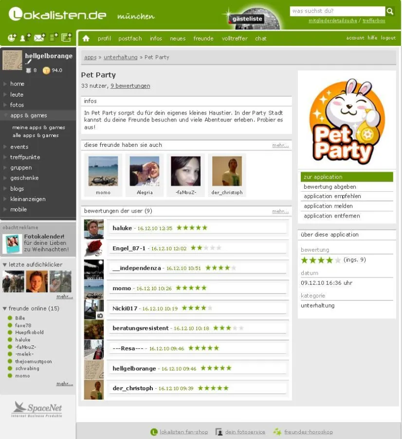 Einbindung von „Pet Party“ auf lokalisten.de