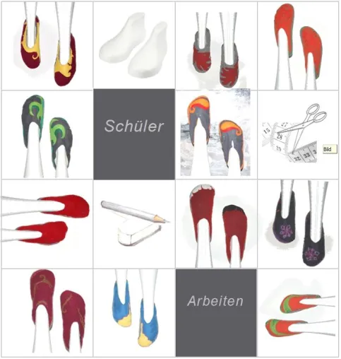 Bild: Die Schuster aus der 7. Klasse: Schülerinnen und Schüler nähen Schuhe