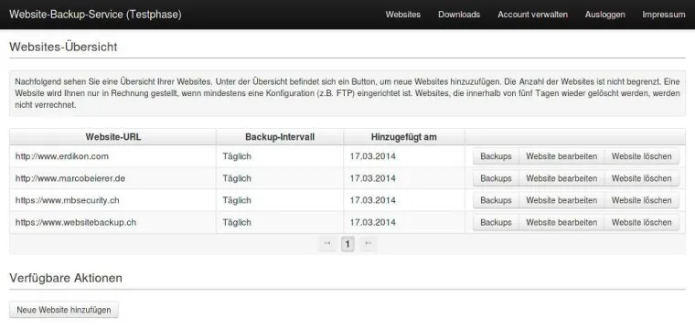 Bild: Website-Backup-Service gestartet