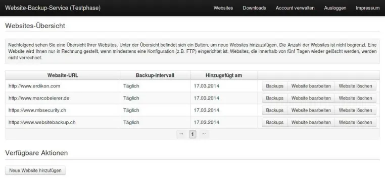 Bild: Website-Backup-Service gestartet