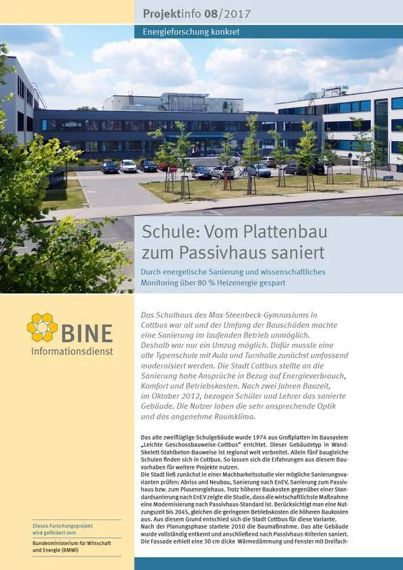 Das BINE-Projektinfo „Schule: Vom Plattenbau zum Passivhaus saniert“ (08/2017) (© BINE Informationsdienst)