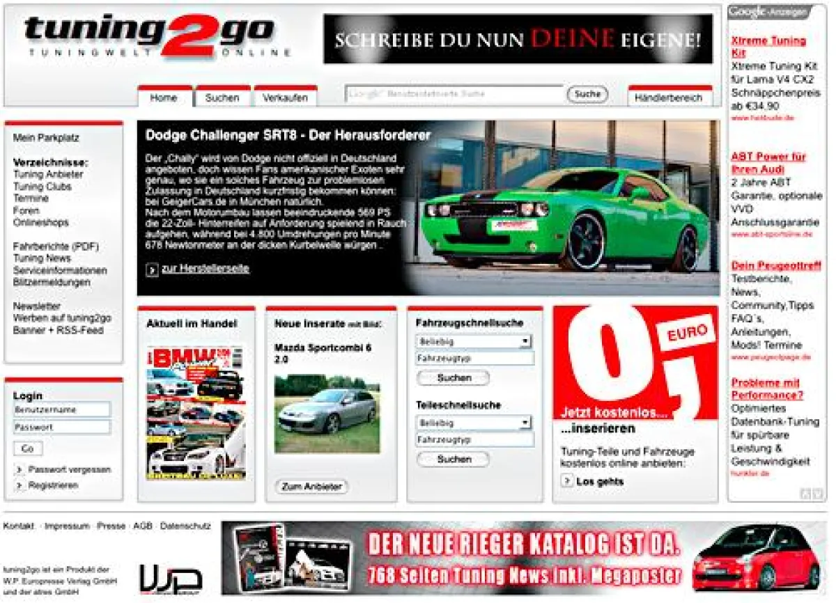 Startseite der neuen Autobörse tuning2go.de