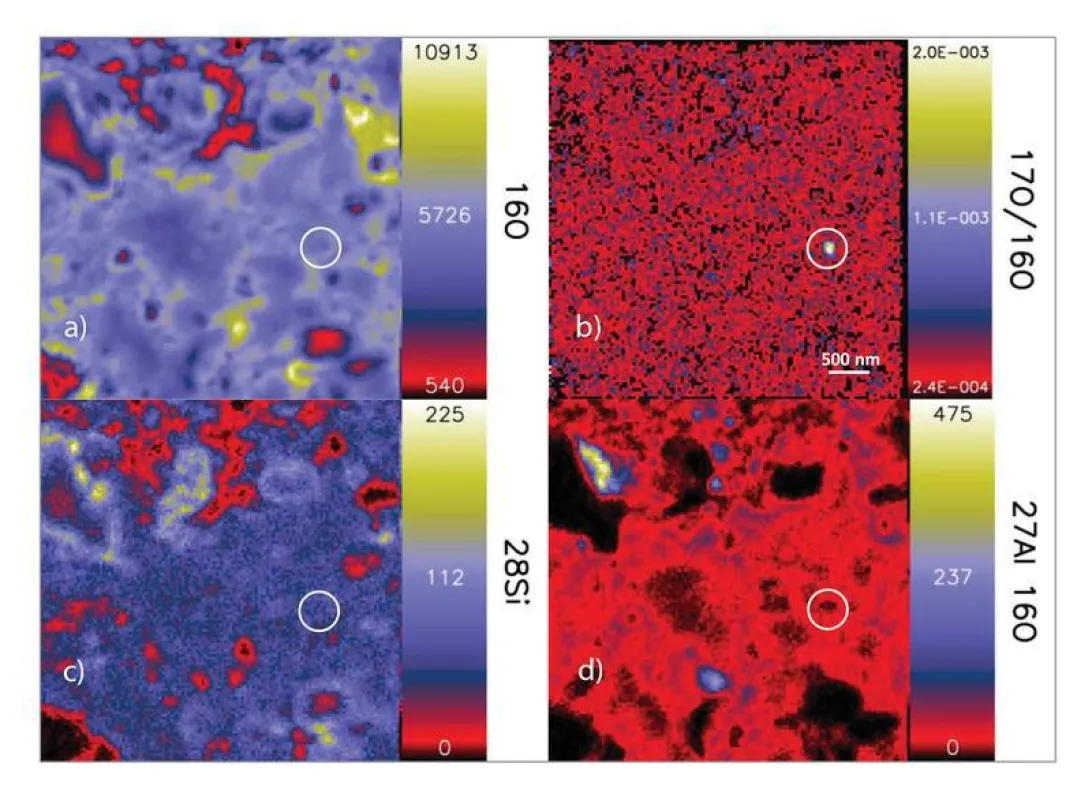 Im Bild (b) erkennt man als Hotspot ein etwa 130 Nanometer großes Silikat-Sternenstaubkorn. Viele Sternenstaubkörner dieser Größe werden erst dank des verkleinerten Ionenstrahls sichtbar. (Peter Hoppe