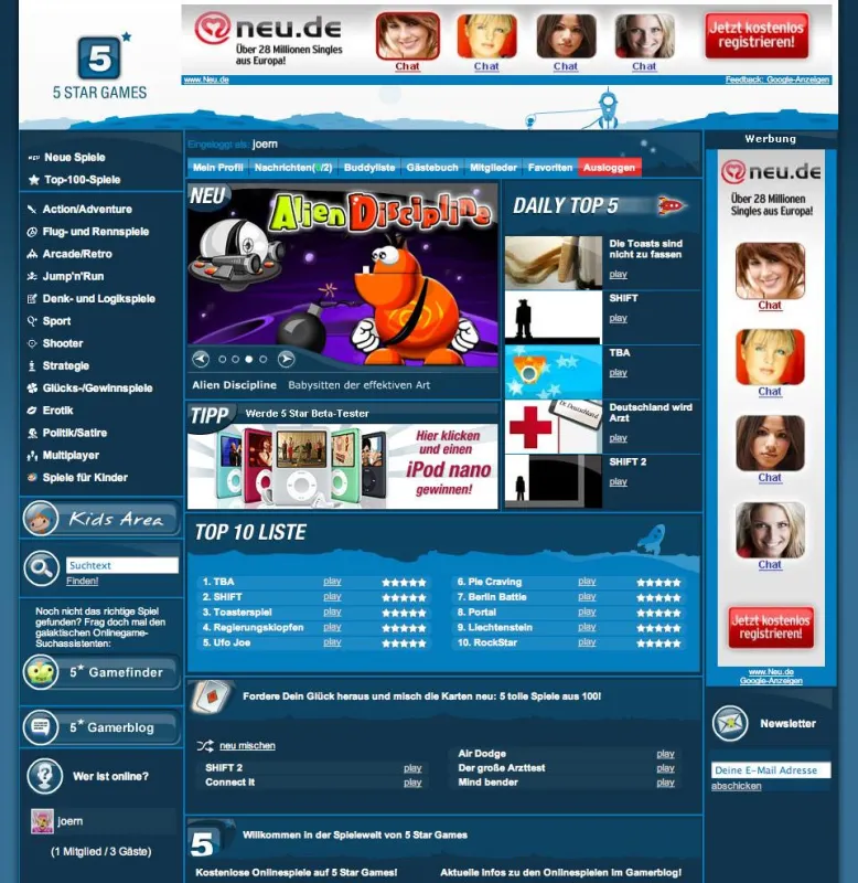 5 Star Games - Startseite des Portals für kostenlose Onlinespiele
