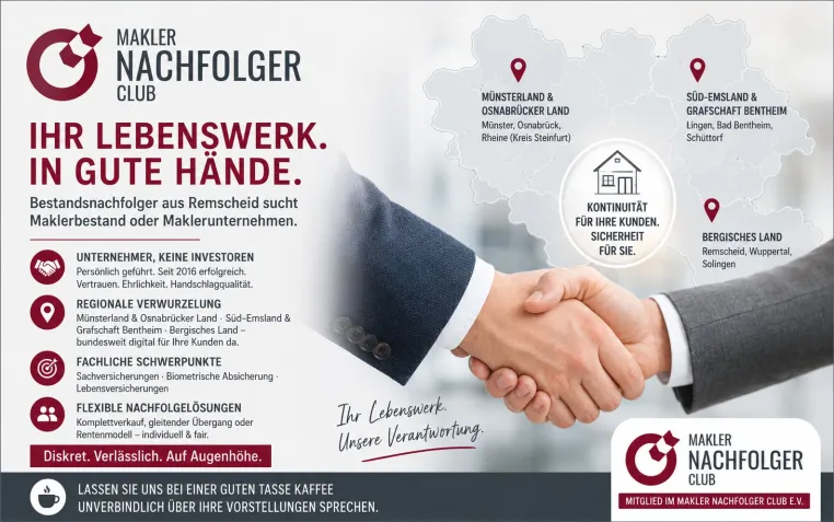 Maklerbestand verkaufen an einen verlässlichen Nachfolger aus Remscheid Bild: Maklerbestand verkaufen an einen verlässlichen Nachfolger aus Remscheid