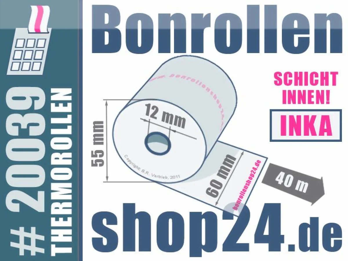 Das neue Erscheinungsbild des Bonrollenshop24 - Produktabbildung für Thermorollen 60 / 40m / 12 (für INKA-Kassen)