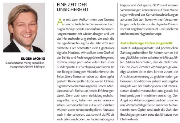 Bild: Mönig Immobilienmanagement GmbH: mit gutem Konzept durch das erste Corona-Halbjahr 2020