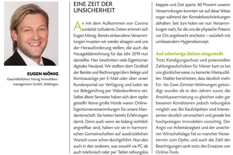Mönig Immobilienmanagement GmbH: mit gutem Konzept durch das erste Corona-Halbjahr 2020 Bild: Mönig Immobilienmanagement GmbH: mit gutem Konzept durch das erste Corona-Halbjahr 2020