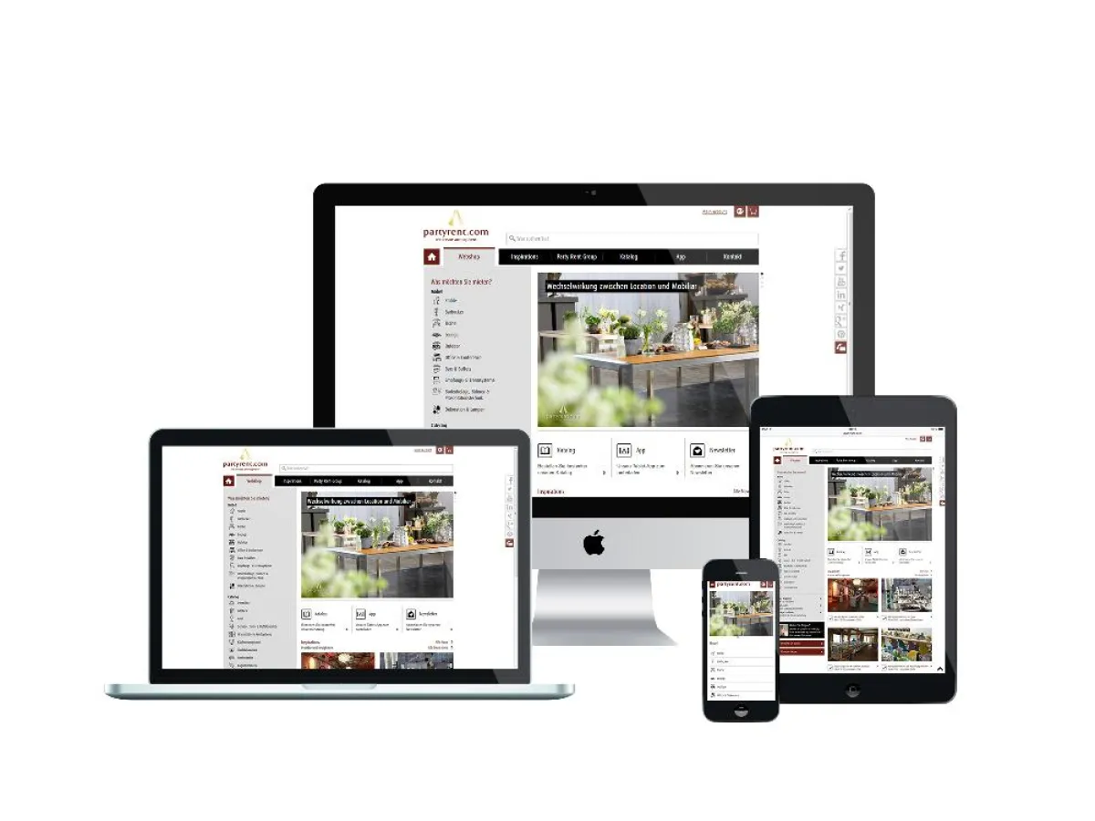 Das neue partyrent.com ist bildstark und passt sich über responsives Webdesign an alle Endgeräte an.