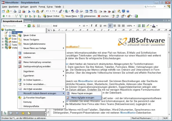 Bild: MemoMaster 2.6 - Wissensdatenbank jetzt mit Übergabe von Memos an Microsoft Outlook
