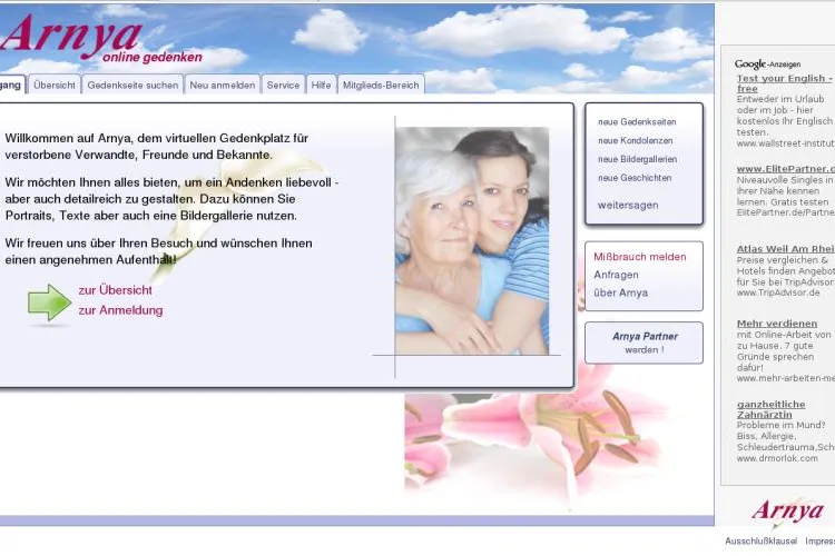 Bild: Das deutsche online Gedenkportal ARNYA.DE startete am 1.8.2008 den erfolgreichen Betrieb