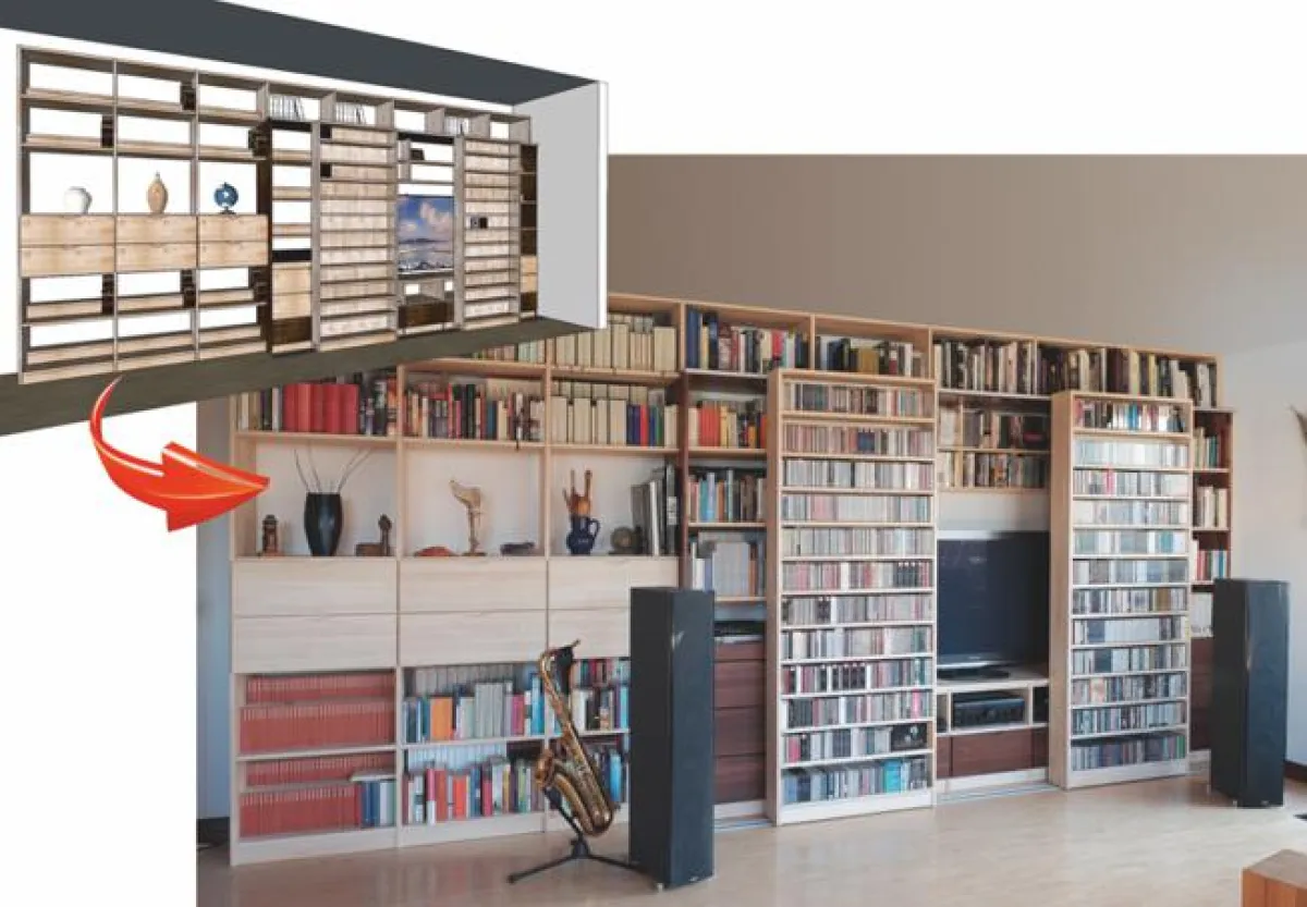 Beispiel einer Kundenlösung mit viel Platz für Medien und Geräte: Bücherregal aus Birke und Robinie