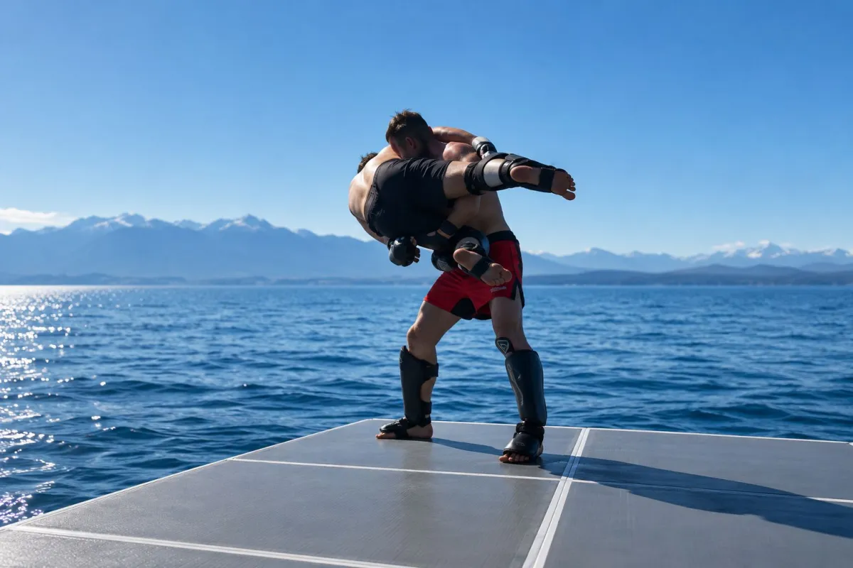 MMA über dem Wasser – harte Runden. Nicht reinwerfen, ich bin aus Zucker!