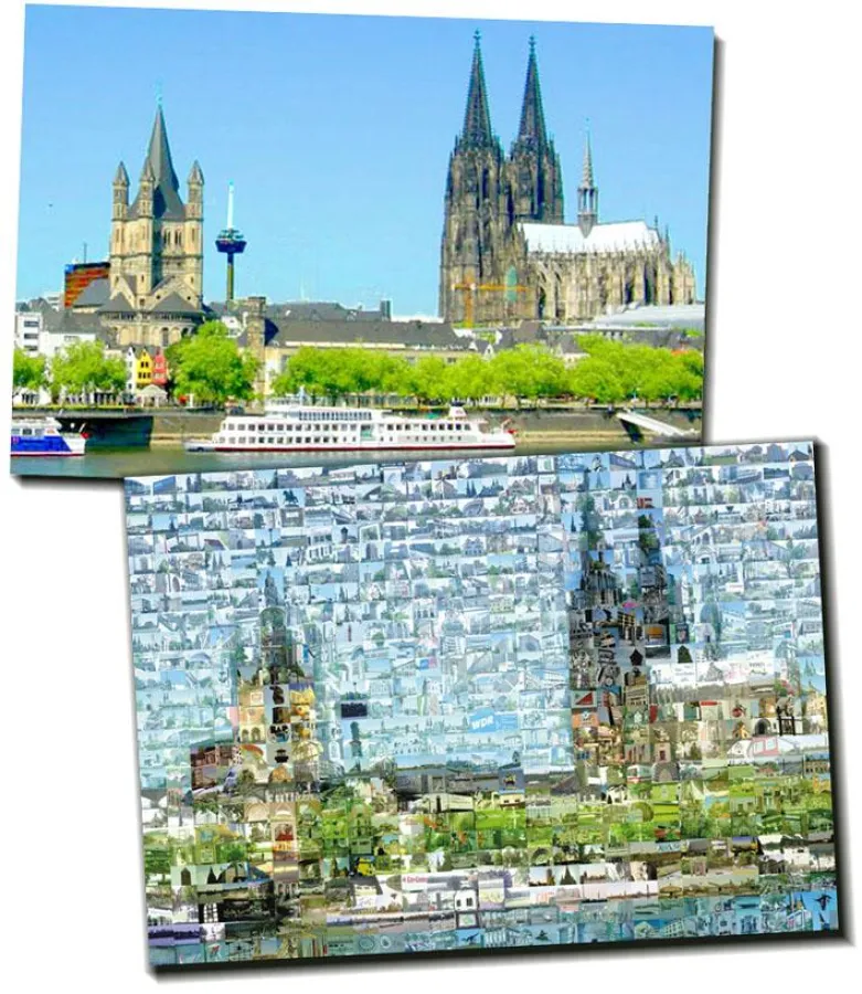 Die Kölner Uferpromenade als Mosaik zusammengesetzt aus lauter Köln-Fotos