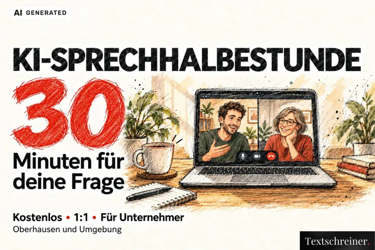 KI-Sprechhalbestunde: Kostenloser KI-Einstieg für Unternehmer in Oberhausen Bild: KI-Sprechhalbestunde: Kostenloser KI-Einstieg für Unternehmer in Oberhausen