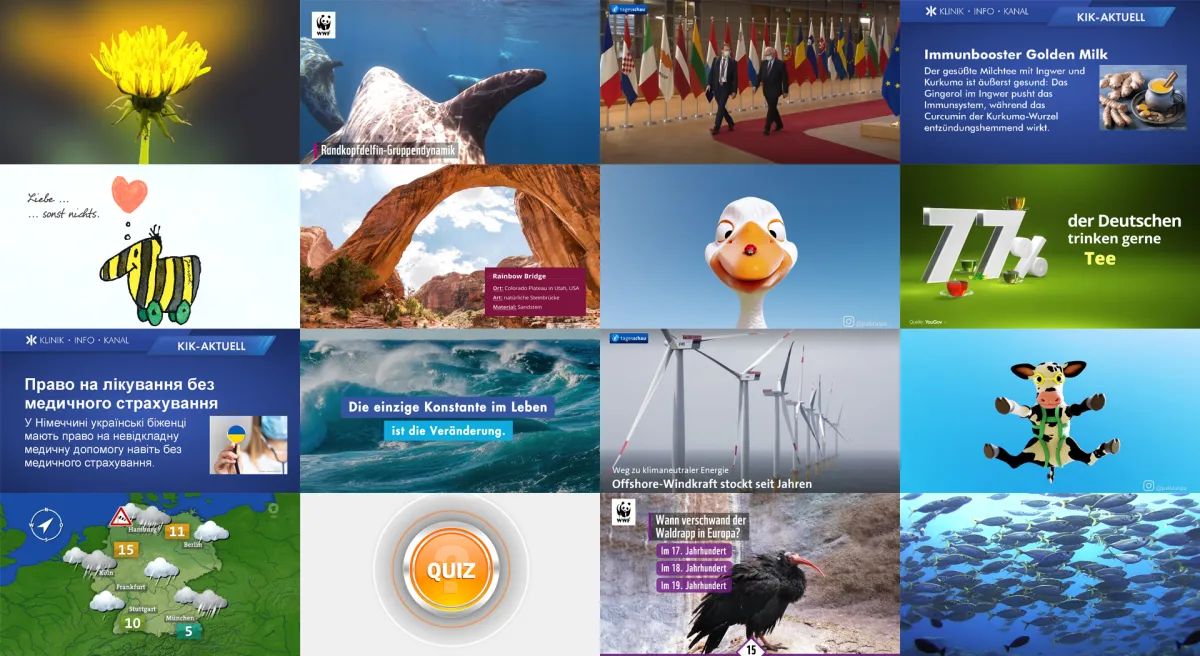 KIK-FOYER: Das Wartebereich-Infotainment des KLINIK INFO KANALs (© Tagesschau, WWF Deutschland, @pablolpz, Janosch, Lumos Film, YouGov)