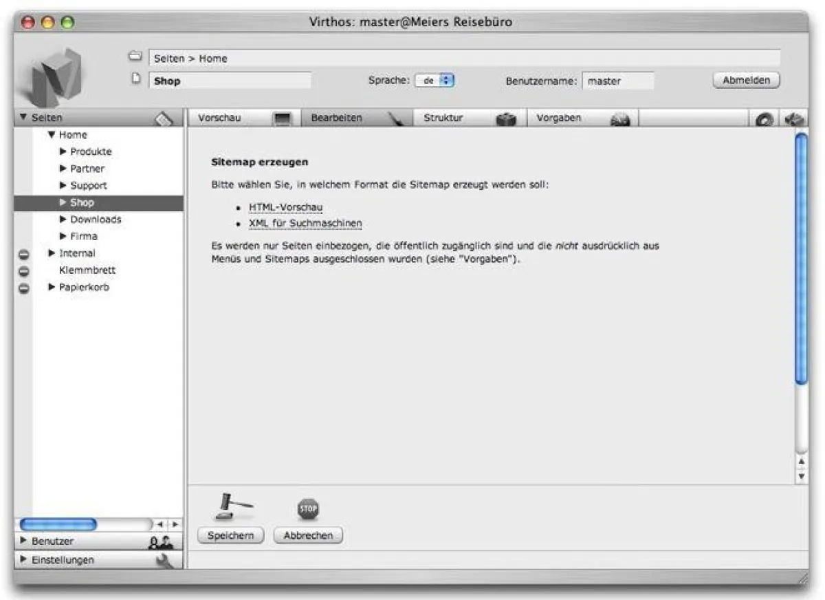 Beim Aufruf des neuen Sitemap-Templates kann der Anwender wählen zwischen einer HTML-Vorschau und dem XML-Export der Sitemap