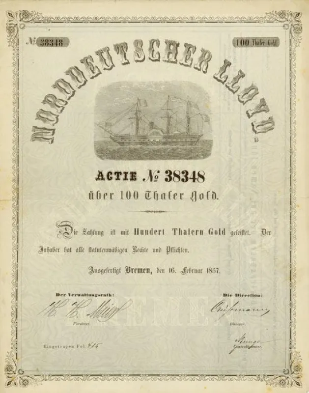 Gründeraktie des Norddeutschen Lloyd aus dem Jahr 1857 - für Sammler und Investoren gleichermaßen interessant