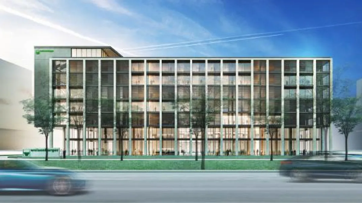 Frontansicht der neuen weisenburger Firmenzentrale an der Ludwig-Erharld-Allee Karlsruhe