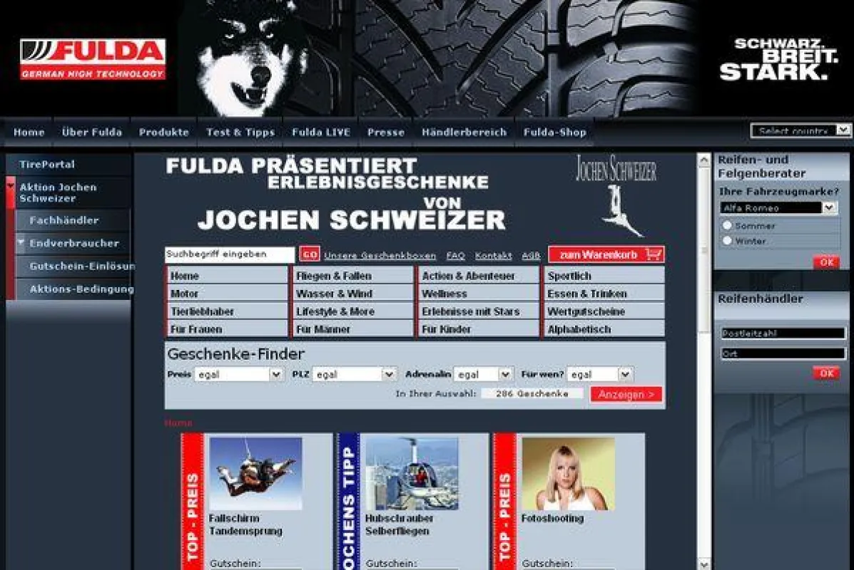 Jochen Schweizer Plugin-Shop im Portal der FULDA Reifen GmbH & Co. KG