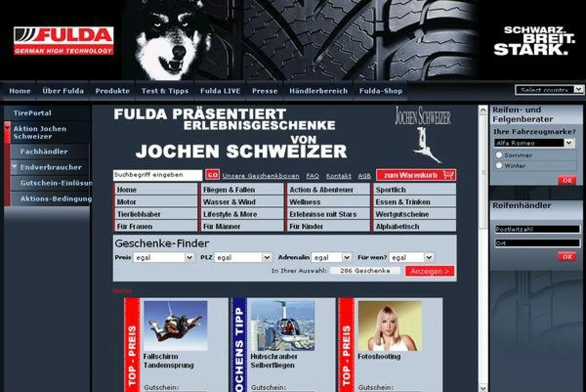 Jochen Schweizer Plugin-Shop im Portal der FULDA Reifen GmbH & Co. KG