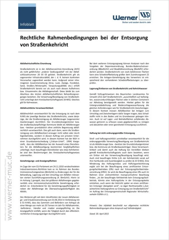 Kostenfreies Infoblatt „Rechtliche Rahmenbedingungen bei der Entsorgung von Straßenkehricht“