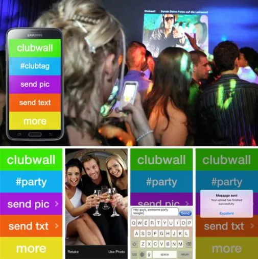 Mit der Clubwall Selfies vom Smartphone auf den Beamer posten – das Event-Tool für die Partysaison 2014/2015 Bild: Mit der Clubwall Selfies vom Smartphone auf den Beamer posten – das Event-Tool für die Partysaison 2014/2015