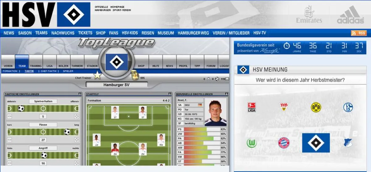 TopLeague integriert in eine Subsite des HSV