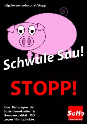 Bild: SoHo OÖ startet Kampagne unter dem Titel "Schwule Sau!"