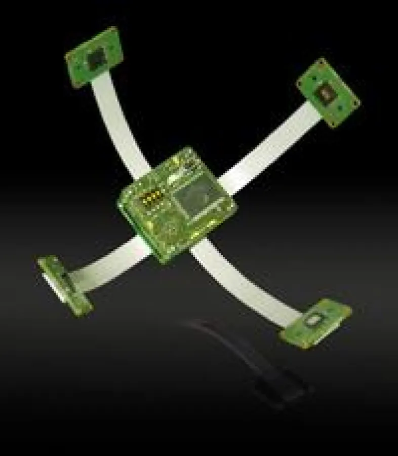 Bis zu vier frei positionierbare Sensoren sind über eine LVDS-Kabel mit der Multi-Sensor Kamera von VRmagic verbunden.